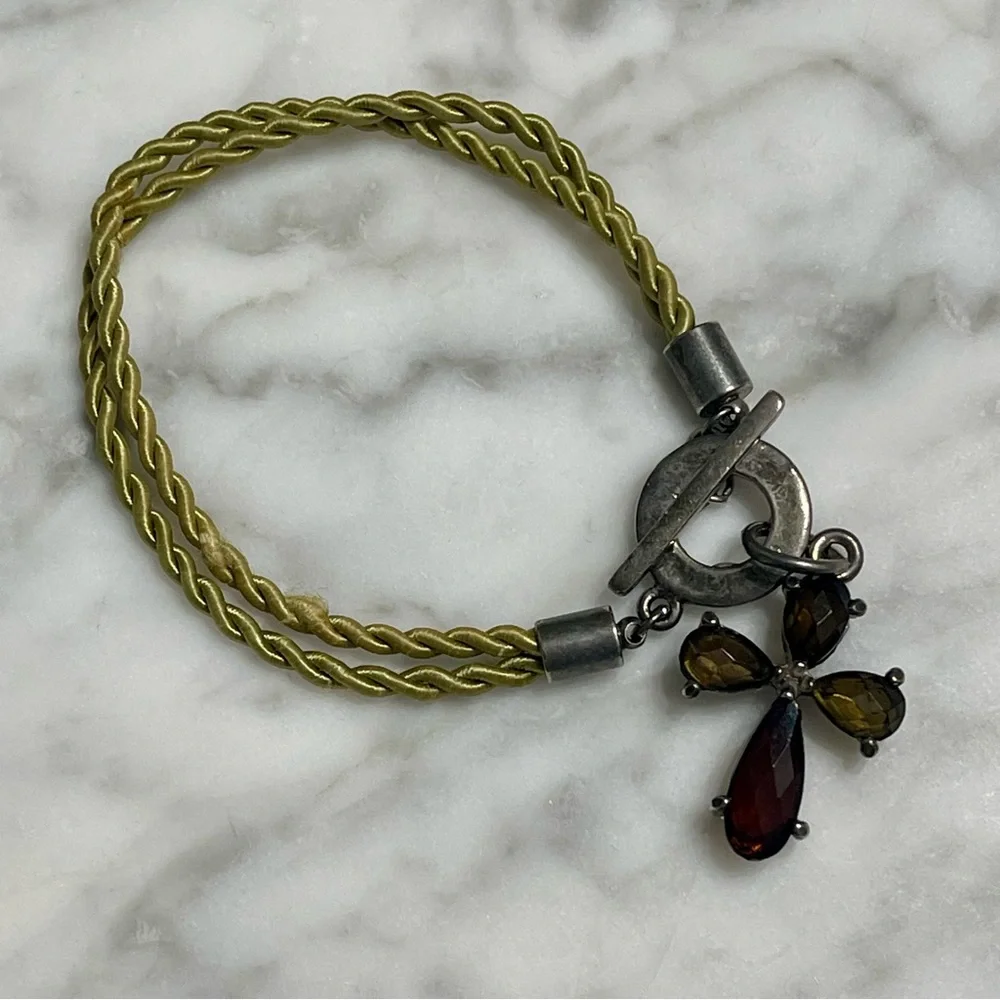 Smoky Topaz Cross Bracelet w/twisted green silk cord & .925 silver toggle clasp - Picture 7 of 8